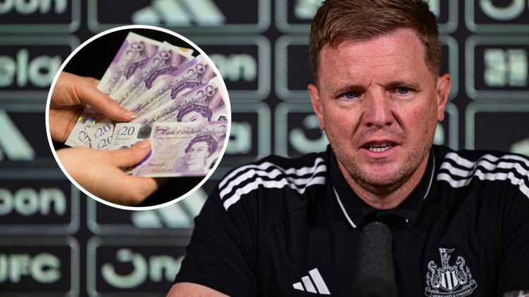 Eddie Howe during a Newcastle United press conference, English pound notes inset