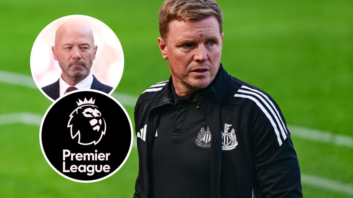 Eddie Howe looks on ahead of a friendly between Newcastle United and Atletico Madrid, Alan Shearer and Premier League logo inset