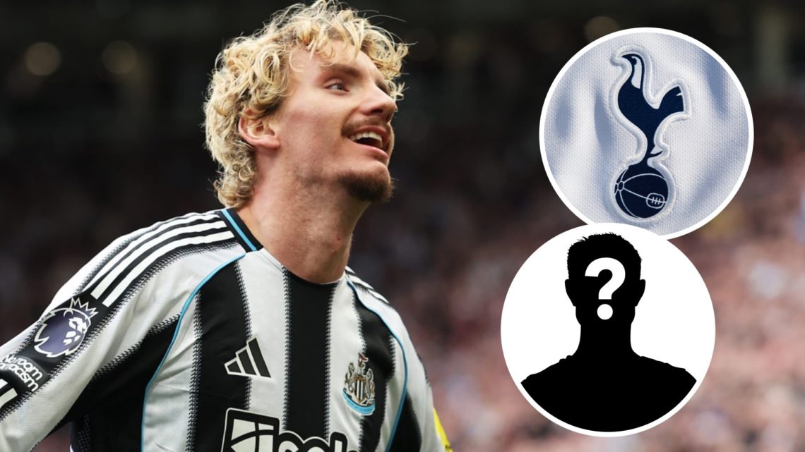 Newcastle United striker Nick Woltemade celebrates first Premier League goal. Inset of Tottenham Hotspur badge and a mystery player.