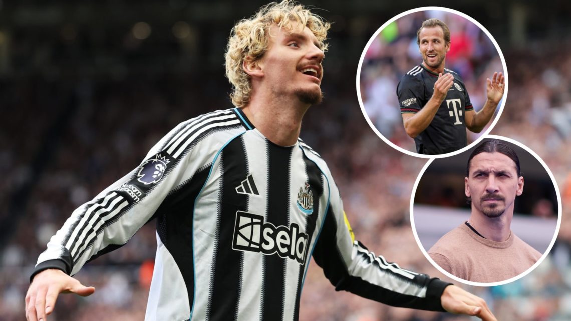 Nick Woltemade celebrates scoring for Newcastle (left) and Harry Kane and Zlatan Ibrahimovic overlayed (right)