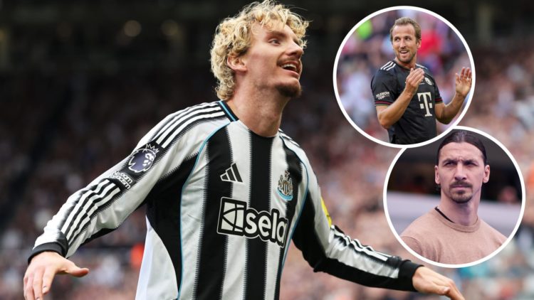 Nick Woltemade celebrates scoring for Newcastle (left) and Harry Kane and Zlatan Ibrahimovic overlayed (right)