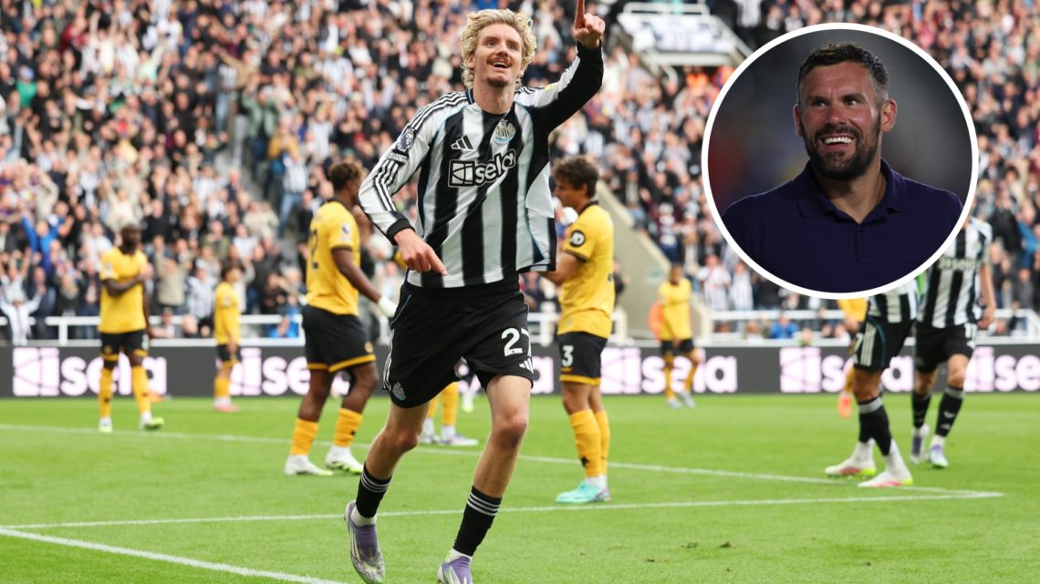 Nick Woltemade celebrates scoring for Newcastle (left) and Ben Foster smiling overlayed (right)