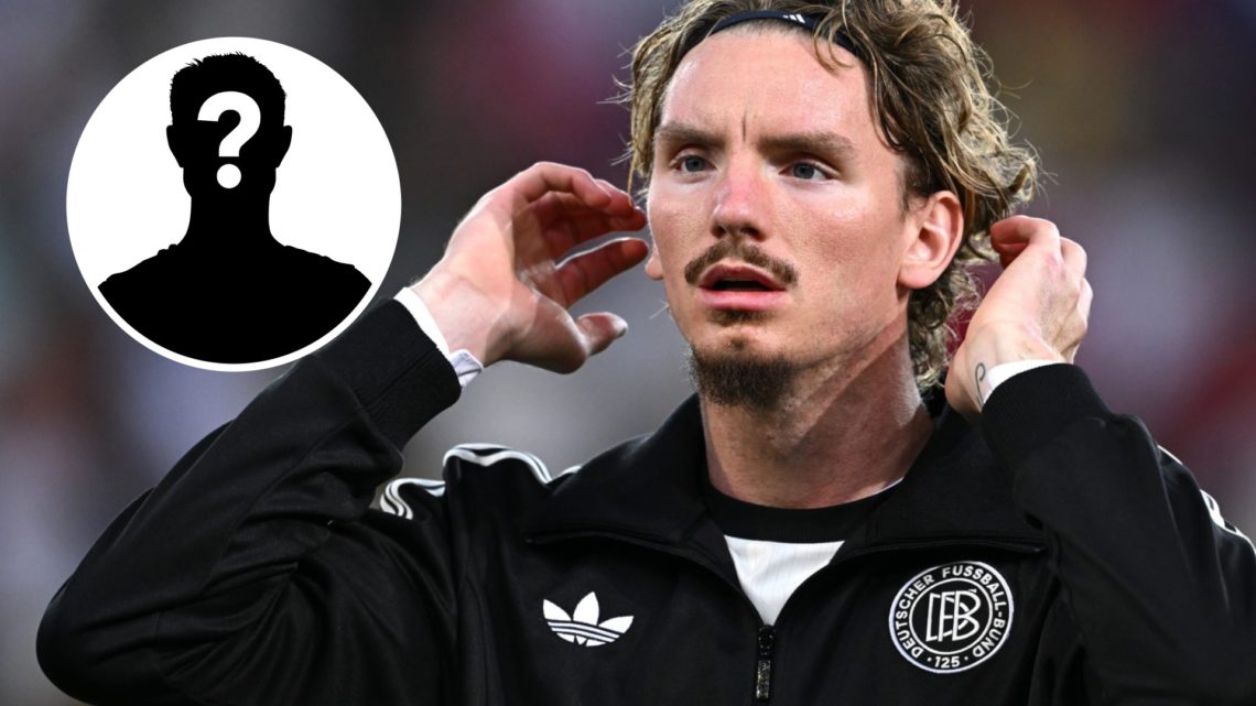 Nick Woltemade playing for Germany Under-21s (right) with a mystery player image (left)