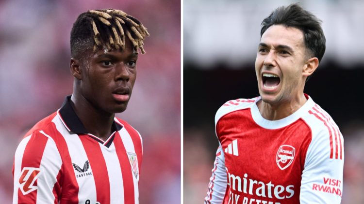 A split image of Nico Williams looking on during an Athletic Club match alongside Martin Zubimendi celebrating for Arsenal