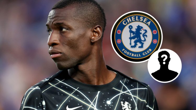Nicolas Jackson in action for Chelsea at the 2025 FIFA Club World Cup, Chelsea badge and mystery figure inset
