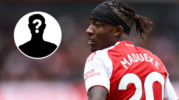 Noni Madueke of Arsenal during the Premier League match between Arsenal and Nottingham Forest at Emirates Stadium (Right) Mystery (Left).