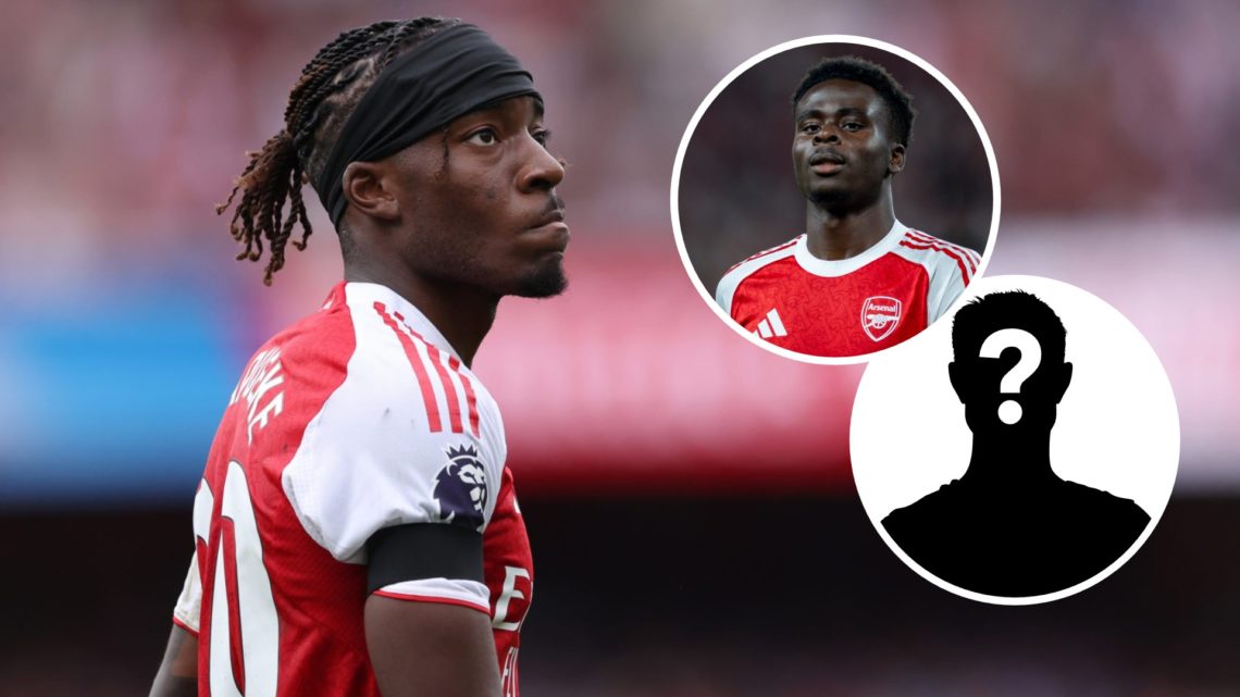 Noni Madueke of Arsenal during the Premier League match between Arsenal and Leeds United at Emirates Stadium (Left) Bukayo Saka of Arsenal looks on...
