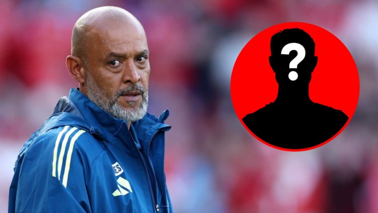 An image featuring Nottingham Forest manager Nuno Espirito Santo looking on during a game alongside a mystery player inset