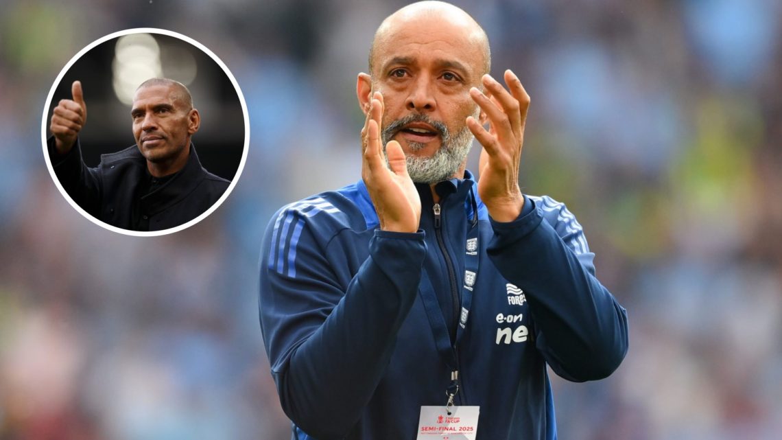 Nuno Espirito Santo applauding Nottingham Forest fans (right) with Stan Collymore giving a thumbs up overlayed (left)