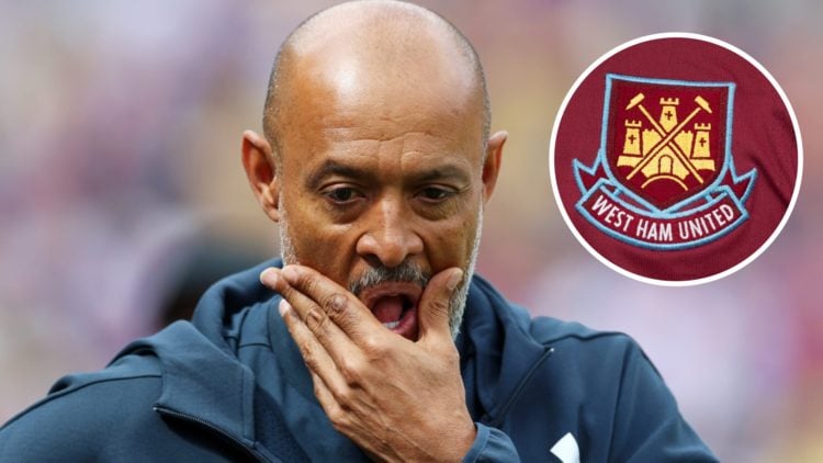 Nuno Espirito Santo reacts during a Nottingham Forest match, alongside an inset of the West Ham United club badge