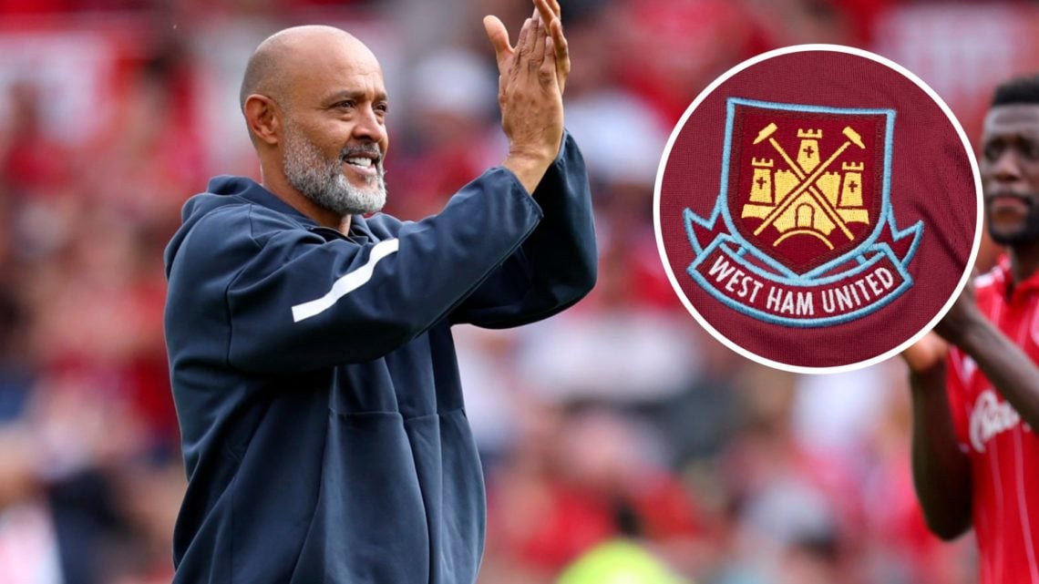 Nuno Espirito Santo applauds the Nottingham Forest supporters, alongside an inset of the West Ham badge (top right)