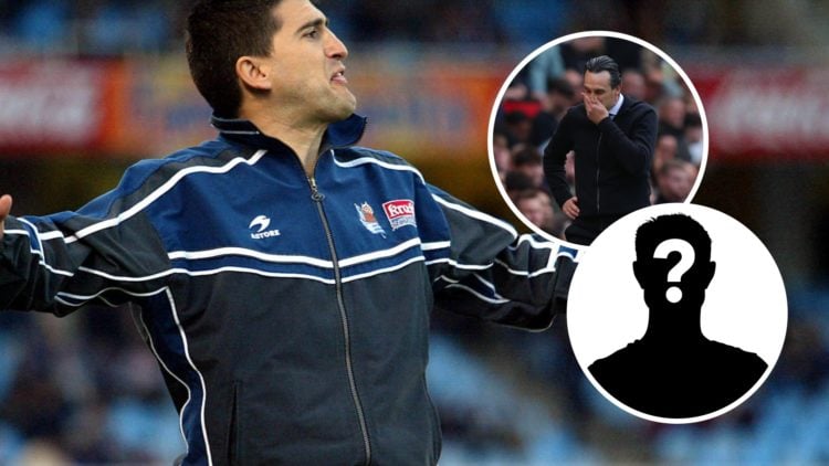 Roberto Olabe reacts on the touchline during his spell in charge of Real Sociedad, alongside an inset of Aston Villa boss Unai Emery looking deject...