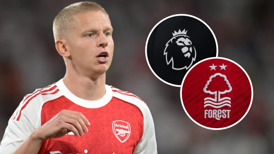 Arsenal defender Oleksandr Zinchenko looks on. Inset, the Premier League logo and the Nottingham Forest crest.