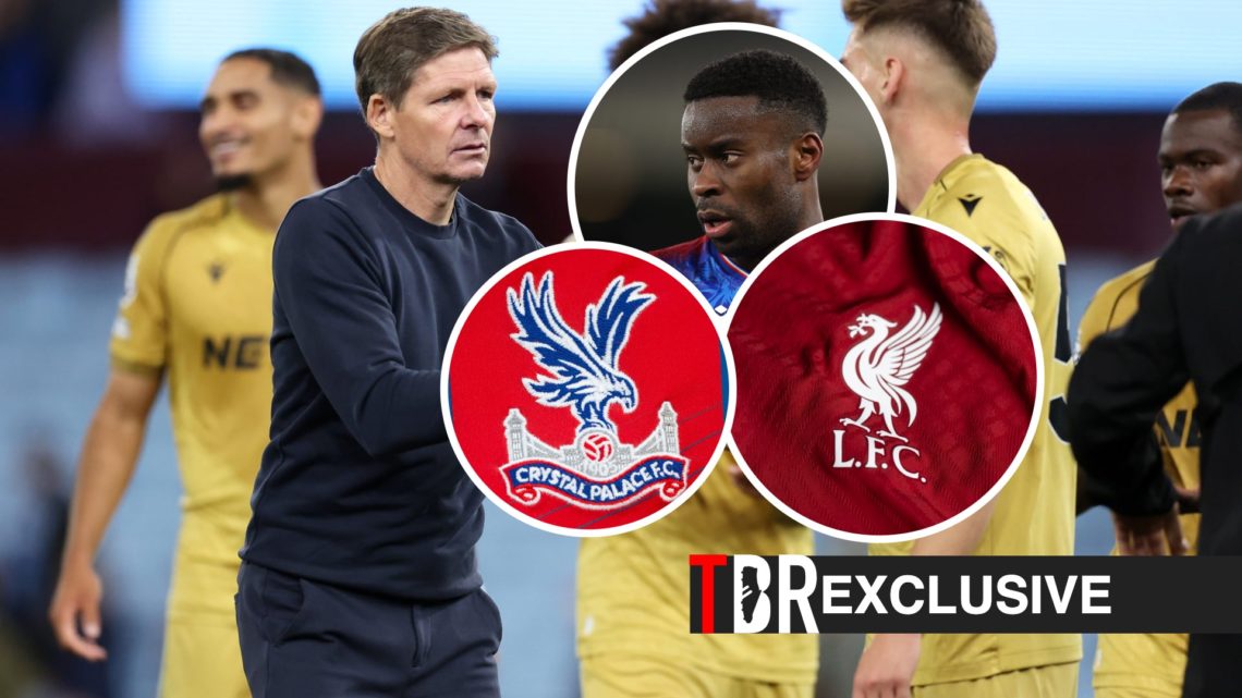 Oliver Glasner congratulates his Crystal Palace players after a win over Aston Villa, Marc Guehi, Liverpool badge, Crystal Palace badge, TBR logo a...