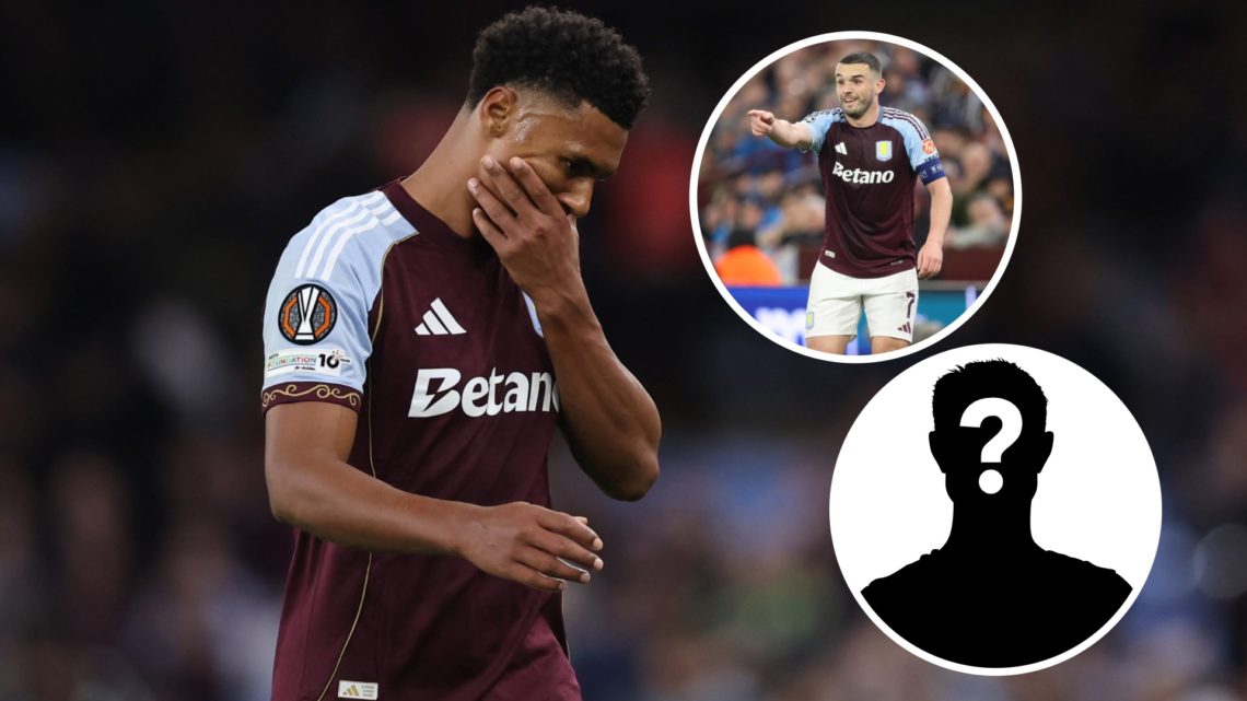 Ollie Watkins looks frustrated (left) with an image of John McGinn shouting and a mystery player overlayed (right)
