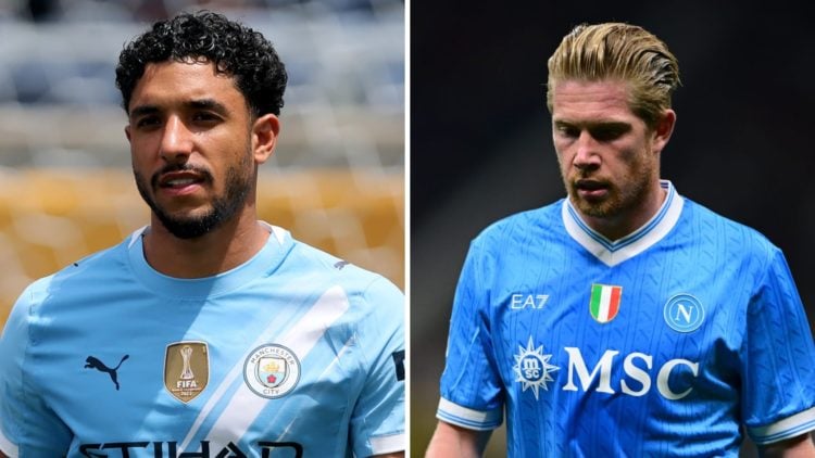 Manchester City forward Omar Marmoush looks on during the FIFA Club World Cup (left), Kevin De Bruyne looks dejected during Napoli's Serie A match ...