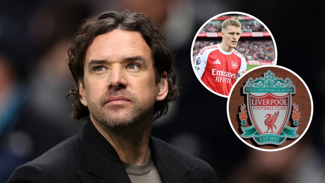 Pundit Owen Hargreaves looks on. Inset, Arsenal captain Martin Odegaard and the Liverpool badge