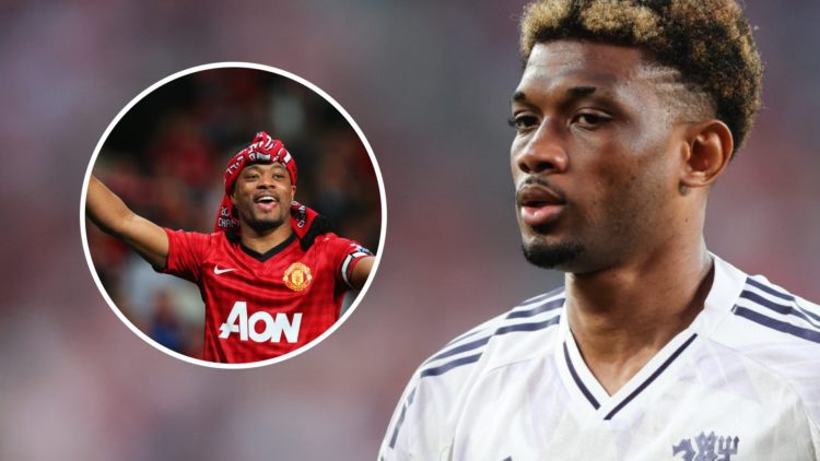 Patrice Evra and Amad Diallo split image in Manchester United kits