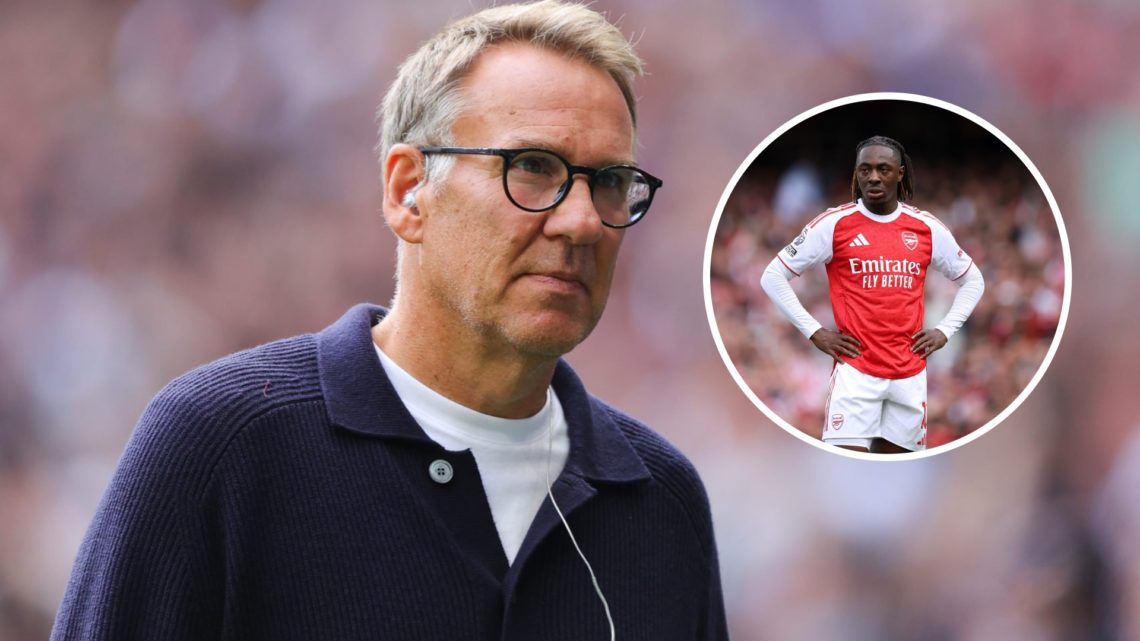 Pundit Paul Merson looks on before Tottenham Hotspur v Arsenal. Inset, Arsenal midfielder Eberechi Eze