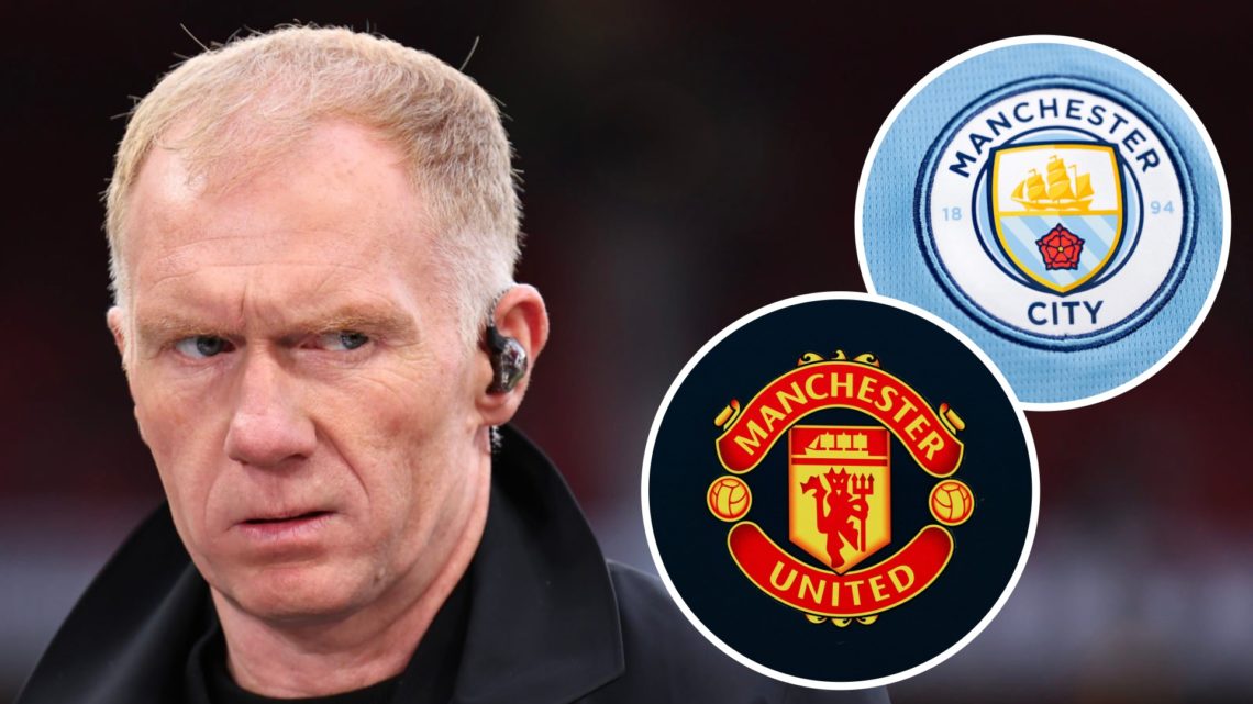 Paul Scholes, Manchester United badge (inset, bottom) Manchester City badge (inset, top)