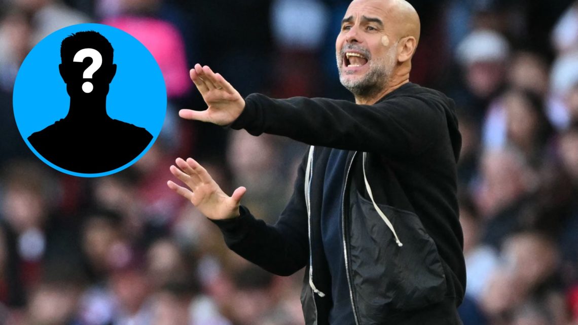 Pep Guardiola gestures during a Manchester City match alongside a mystery player inset