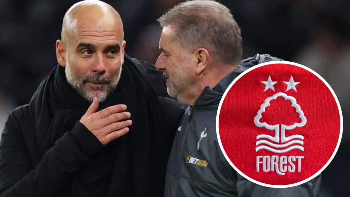 Pep Guardiola and Ange Postecoglou, Nottingham Forest badge (inset)