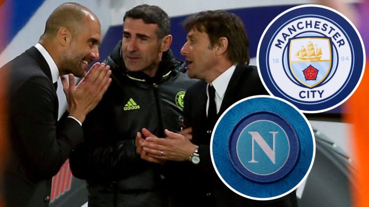Pep Guardiola and Antonio Conte, Manchester City badge (inset, top), Napoli badge (inset, bottom)
