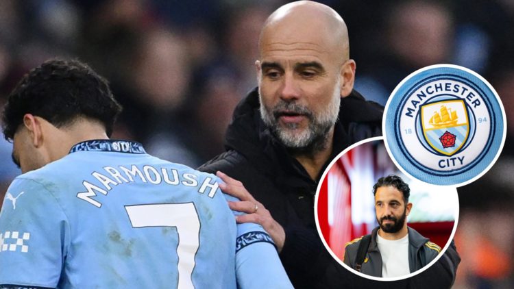 Pep Guardiola and Omar Marmoush, Ruben Amorim (inset, bottom), Manchester City badge (inset, top)