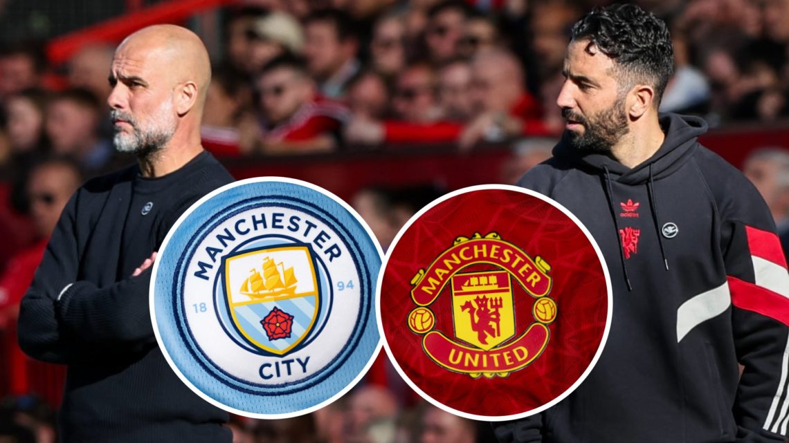 Pep Guardiola and Ruben Amorim, Manchester City badge (inset, left), Manchester United badge (inset, right)