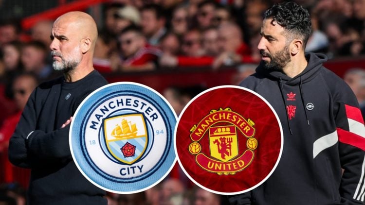 Pep Guardiola and Ruben Amorim, Manchester City badge (inset, left), Manchester United badge (inset, right)