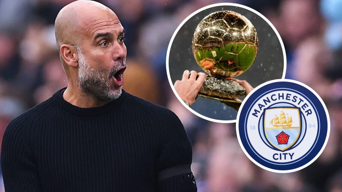 Pep Guardiola, Ballon d'Or trophy (inset, top), Manchester City badge (inset, bottom)
