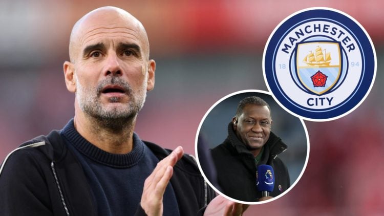 Pep Guardiola, Manchester City badge (inset, top), Emile Heskey (inset, bottom)