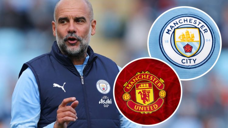 Pep Guardiola, Manchester City badge (inset, top), Manchester United badge (inset, bottom)