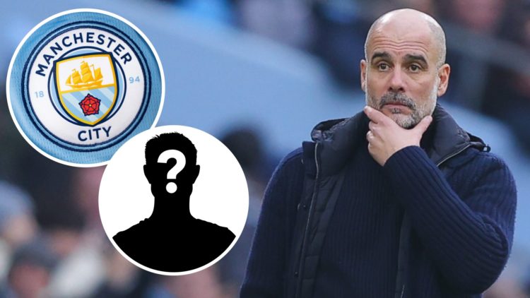 Pep Guardiola, Manchester City badge (inset, top), mystery player (inset, bottom)