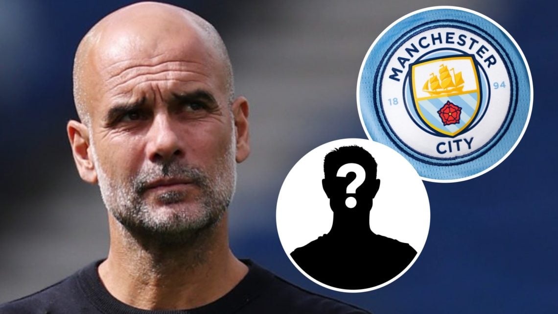 Pep Guardiola, Manchester City badge (inset, top), mystery player (inset, bottom)