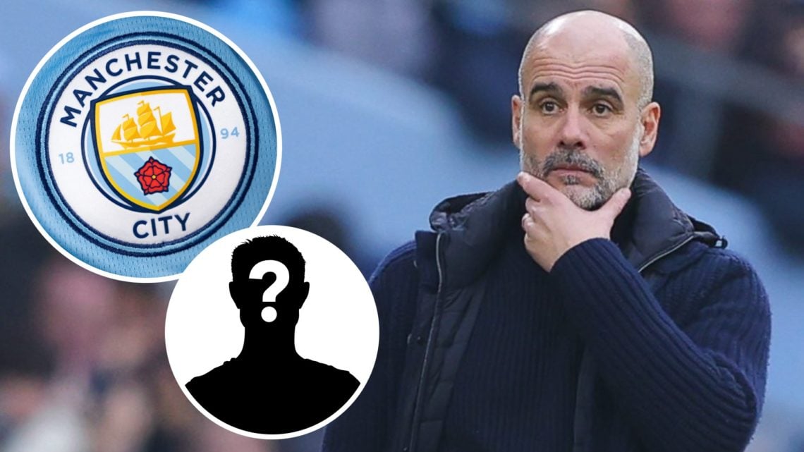 Pep Guardiola, Manchester City badge (inset, top), mystery player (inset, bottom)