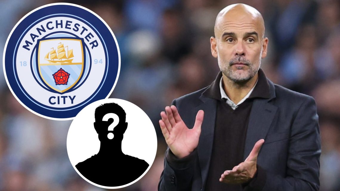 Pep Guardiola, Manchester City badge (inset, top), mystery player (inset, bottom)