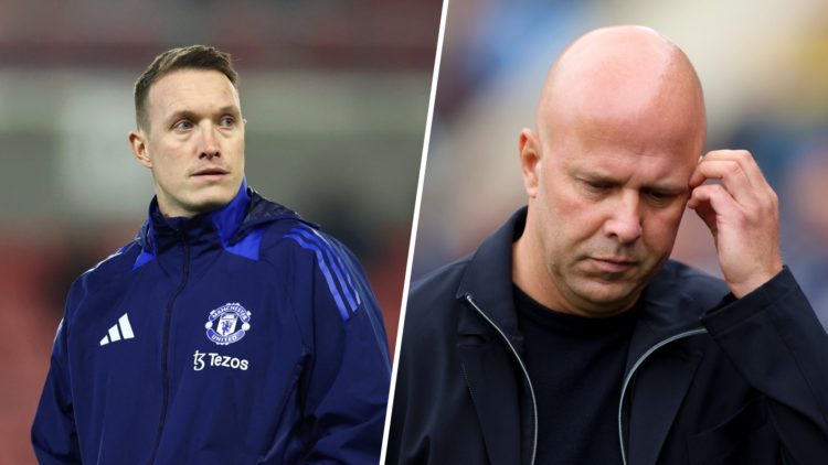 Phil Jones looks on ahead of a Manchester United FA Youth Cup match (left), while Liverpool boss Arne Slot looks dejected on the touchline (right)