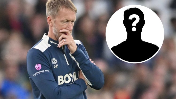 Graham Potter looks dejected during West Ham's defeat against Tottenham, alongside a white mystery player silhouette