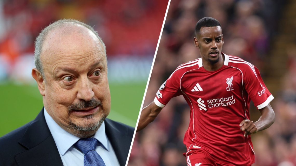 A split image of Rafael Benitez attending Liverpool v Atletico Madrid (L) and Alexander Isak in action during Liverpool v Atletico Madrid (R)