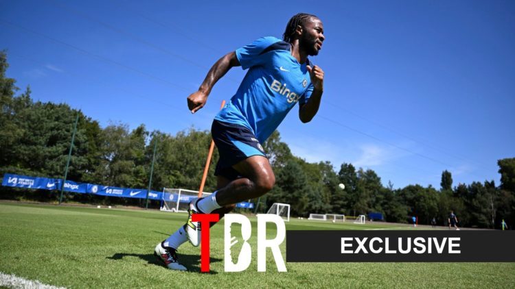 Raheem Sterling training for Chelsea with the TBR logo and exclusive tag