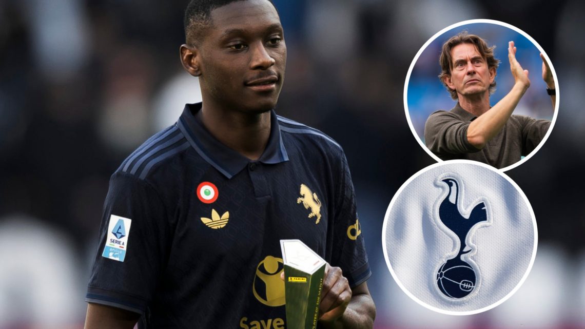 Randal Kolo Muani with Serie A Player of the Match award. Inset of Tottenham Hotspur manager Thomas Frank and Spurs badge.