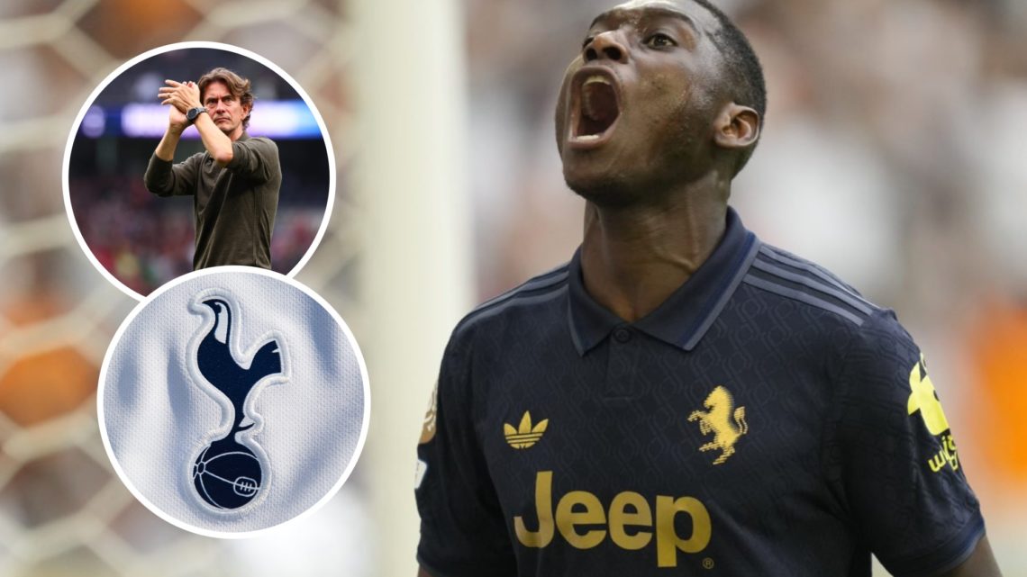 Juventus striker Randal Kolo Muani during FIFA Club World Cup. Inset of Tottenham Hotspur badge and Thomas Frank.