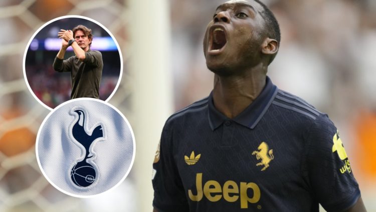 Juventus striker Randal Kolo Muani during FIFA Club World Cup. Inset of Tottenham Hotspur badge and Thomas Frank.