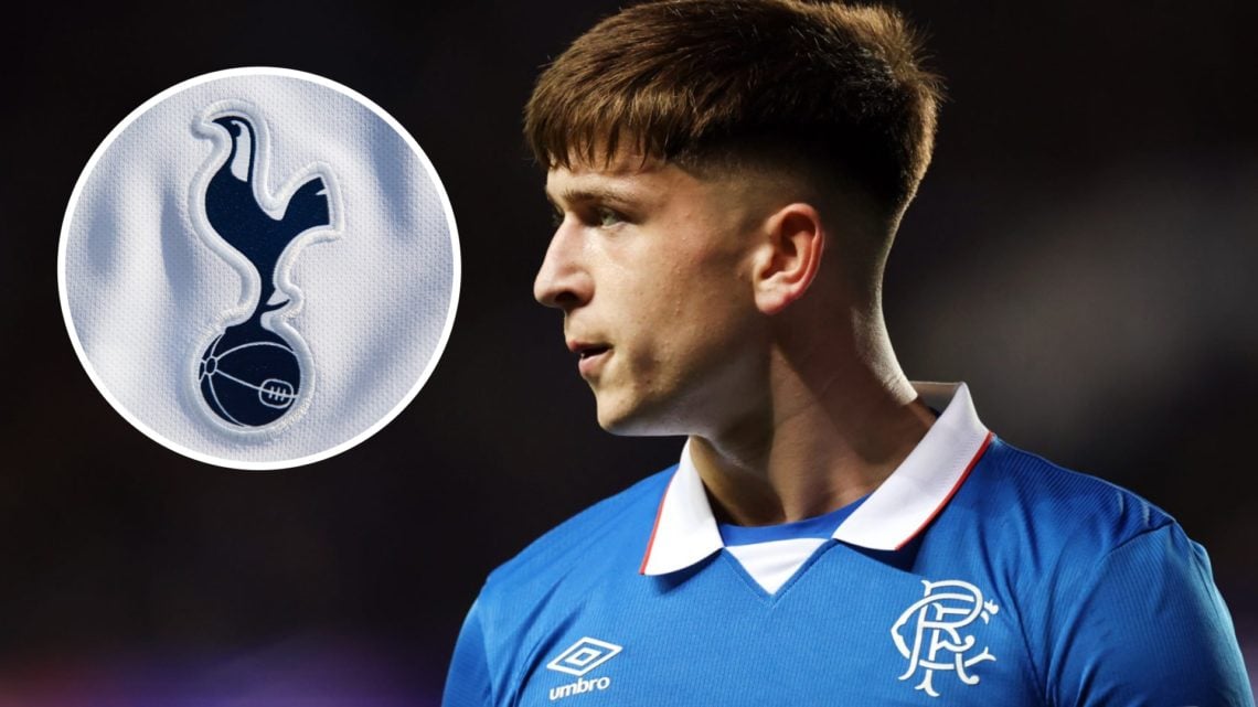 Rangers winger Mikey Moore in action during the Champions League. Inset of Tottenham Hotspur badge.
