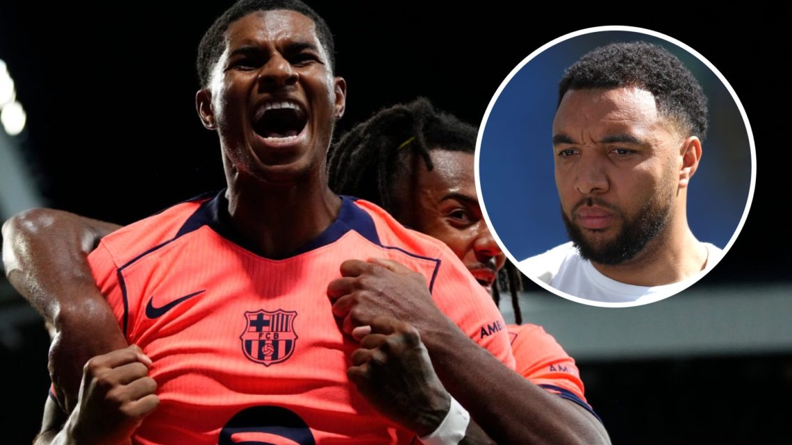 Marcus Rashford celebrates scoring a goal for Barcelona against Newcastle, alongside an inset of Sky Sports pundit Troy Deeney