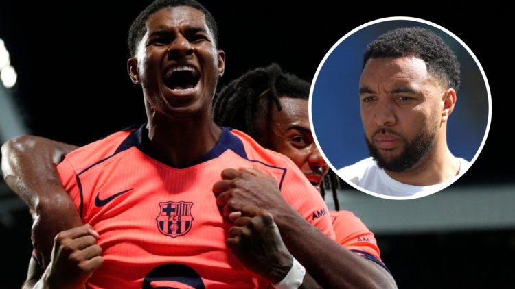 Marcus Rashford celebrates scoring a goal for Barcelona against Newcastle, alongside an inset of Sky Sports pundit Troy Deeney