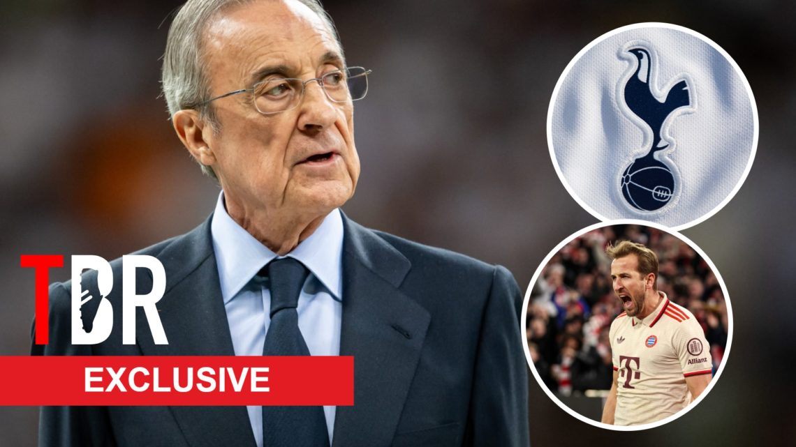 Real Madrid president Florentino Perez. Inset of Tottenham Hotspur badge and Harry Kane.