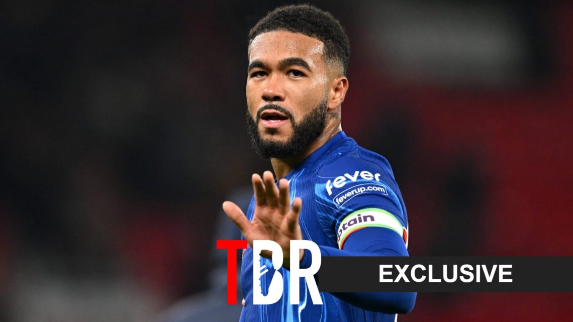 Reece James playing for Chelsea with the TBR Exclusive tag on the right