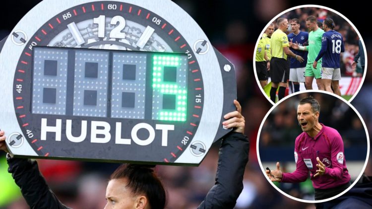 Referee's board, Everton players confronting the referee vs Liverpool (inset, top), Mark Clattenburg (inset, bottom)